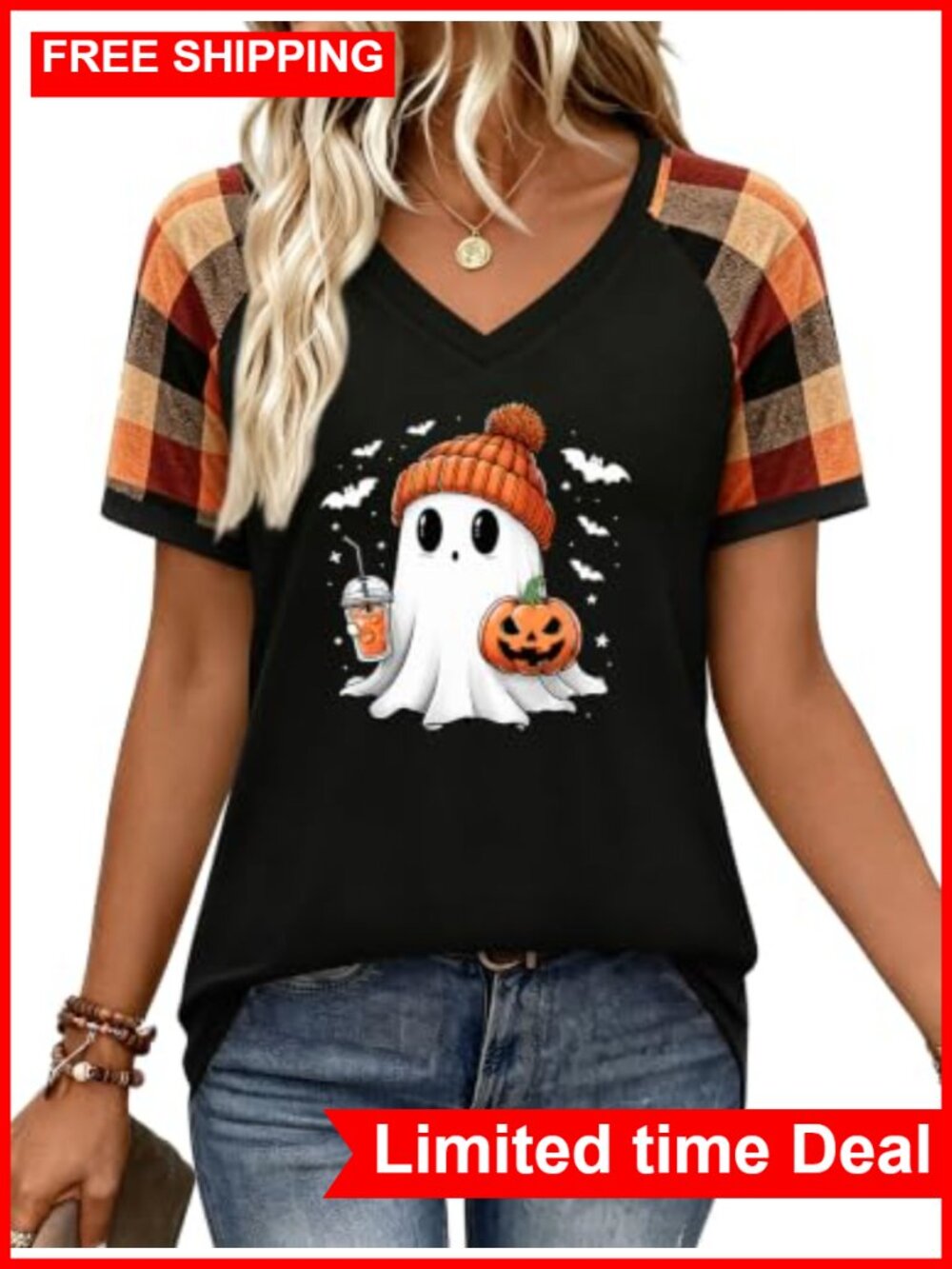 Women's Halloween Ghost Pumpkin V-Neck Short Sleeve Raglan Leopard Plaid